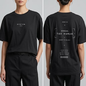 May include: Black t-shirt with the text "SYSTEM v2.4.1" on the front. The back of the shirt features the text "HUMAN 05" and "ERROR: TOO HUMAN" with additional text and a barcode. The shirt is part of a clothing collection.