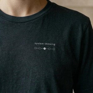 May include: Dark gray crew neck t-shirt with the words "system thinking" printed in white above a small graphic. The graphic consists of three circles connected by lines. The shirt is made of a soft, textured material.