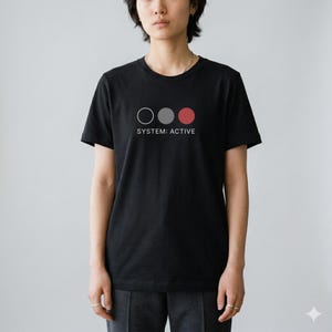 Peut inclure: T-shirt noir à col rond avec le texte "SYSTEM: ACTIVE" en dessous de trois cercles : un cercle en ligne, un cercle gris et un cercle rouge. Le t-shirt est fait d'une matière douce.