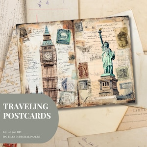 Vintage Travel Postcards Junk Journal Pages Postcard Scrapbooking Printable DIY Journal Decor, Vintage Printable, Digital Journal Pages