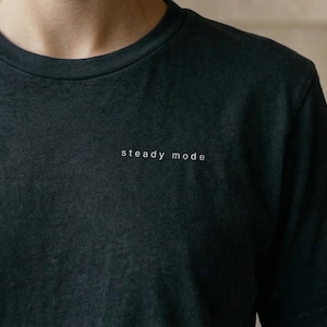 Camiseta minimalista Steady Mode, camiseta con texto pequeño en el pecho, camiseta con tipografía minimalista, camiseta estética Calm Mind, camiseta con un mensaje sutil