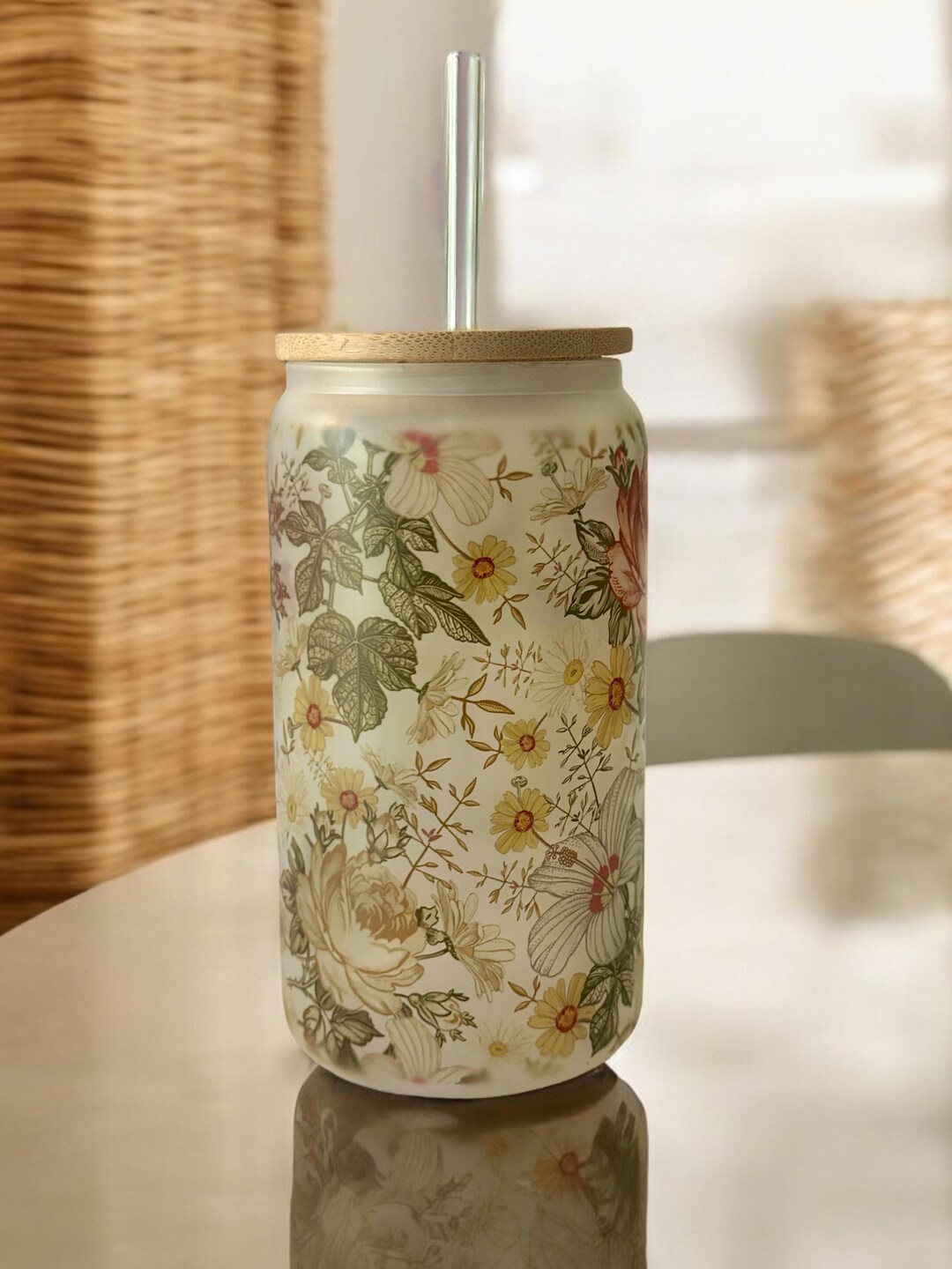 Floral Frosted Glass Cup With Bamboo Lid and Glass Straw 16 Oz ...