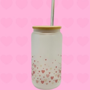 Heart Glass Cup with Bamboo Lid and Straw | 16oz Frosted Glass Tumbler | Valentine&#39;s Day Gift | Cute Aesthetic Reusable Cup for Drinks