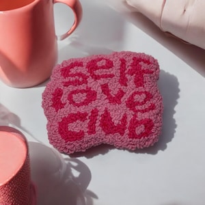 Self Love Club Punch Needle Mug Rug Set of 2, Kitchen Decor, drink mat Handmade| &quot;Self Love Club&quot; Coaster | Valentine’s Day Gift