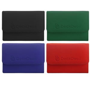 May include: Four card holder cases in black, green, blue, and red. Each case has a flap closure and the "DeckDwell" logo embossed on the front. The cases are made of a textured material.