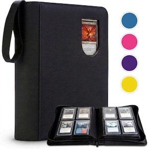 May include: A black zippered trading card binder with a carrying strap and a clear display window on the front cover showing a phoenix card. The binder is open to reveal internal pages with slots holding multiple collectible cards.