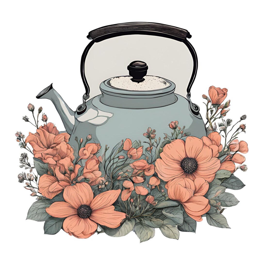 Tea Kettle Sticker Illustrated Tea Kettle With Flowers Sticker Journal Decal Sticker ...