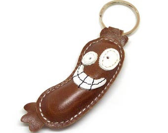 Sausage Leather Keychain Handmade - FREE Shipping Worldwide - Leather Sausage Bag Charm, Barbecue Lover Gift, Sausage Keychain Gift Idea