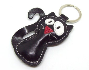 Handmade Black Cat Leather Animal Keychain - FREE shipping worldwide - Black Cat Bag Charm, Crazy Cat Lady Gift Ideas, Keychain Gift Ideas