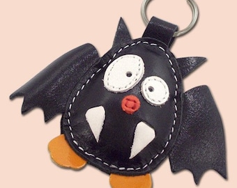 Cute little black bat leather animal keychain - FREE shipping