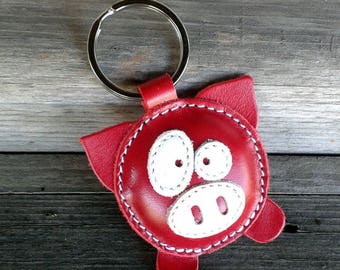 Leather Keychain Pig Red - FREE Shipping Wordlwide - Handmade Leather Pig Bag Charm