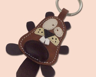 Cute little beaver animal leather keychain