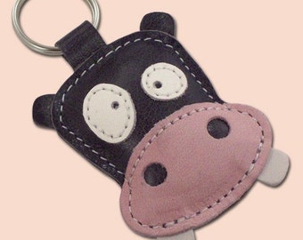 Cute Gray Hippo Leather Animal Keychain