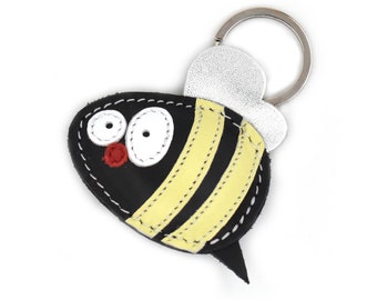 Black Bee Leather Animal Keyring - FREE Shipping Worldwide - Handmade Leather Bag Charm Bee, Bee Keeper Gift, Bee Lover Gift