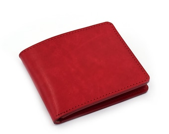 Cartera de cuero bifold hecho a mano rojo - cartera bifold de cuero fino - cartera de cuero para hombre - cartera de cuero mínima - envío gratis en todo el mundo