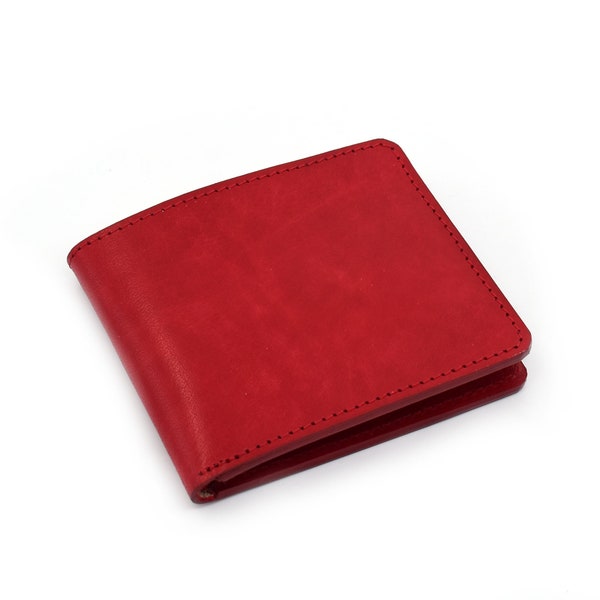 Cartera de cuero bifold hecho a mano rojo - cartera bifold de cuero fino - cartera de cuero para hombre - cartera de cuero mínima - envío gratis en todo el mundo