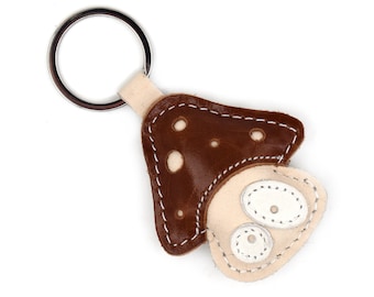 Mushroom Keychain Handmade Of Full Grain Brown Beige Leather But It Can Be Bag Charm And A Great Gift Idea For Funny Keychain Lovers