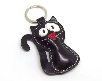 Handmade Black Cat Leather Animal Keychain - FREE Shipping Worldwide - Black Cat Bag Charm, Crazy Cat Lover Gift, Cat Accessories, Cat Lover
