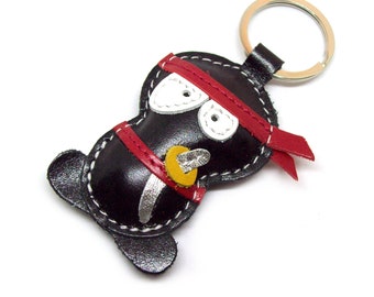 Handmade Black Ninja Leather Keychain - FREE Shipping Worldwide - Handmade Leather Bag Charm Ninja