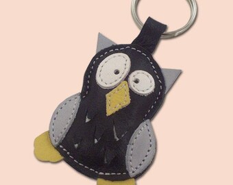 Süße kleine schwarze Eule Leder Tier Keychain