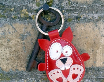Red Fat Rabbit Handmade Leather Keychain - FREE Shipping Wordlwide - Handmade Leather Rabbit Bag Charm