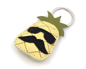 Mr Pineaple Yellow Leather Keychain - FREE Shipping Wordlwide - Handmade Leather Pineapple Bag Charm Moustache Pineapple Lover Gift
