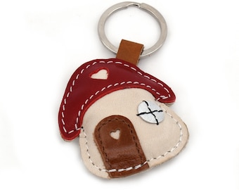 Fairy House Leather Keychain - FREE Shipping Worldwide - Handmade Leather Fairy House Bag Charm Fairy Lover Gift Keychain Gift Ideas