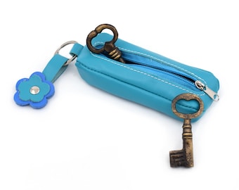 Zipper key case blue, handmade of genuine full grain leather, key holder, key organizer, leather key pouch, leather key holder, key purse