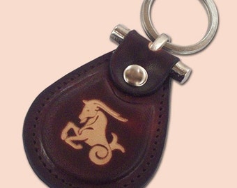 Capricorn zodiac leather metal T keychain - Horoscope Leather Keychain