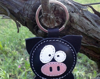Leather Keychain Pig Black - FREE Shipping Wordlwide - Handmade Leather Pig Bag Charm