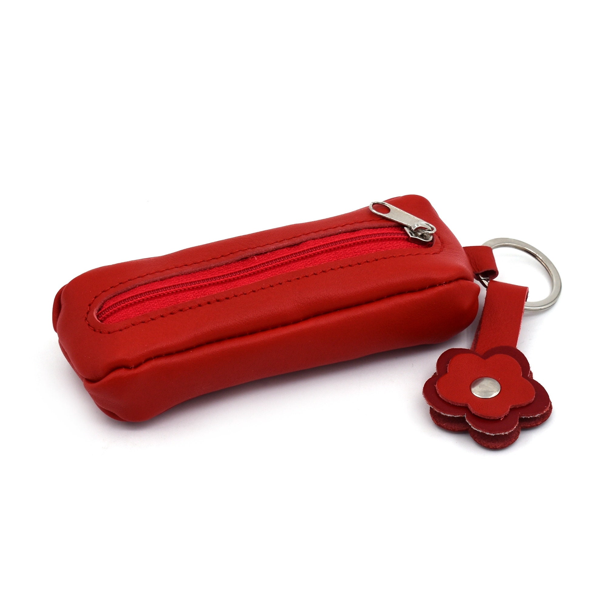 Zipper key case red handmade of genuine full grain leather Etsy