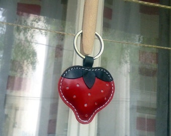 Cute Little Red Strawberry Handmade Leather Keychain - FREE Shipping Wordlwide - Handmade Leather Strawberry Bag Charm