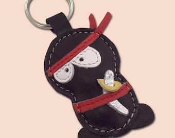 Handmade Black Ninja Leather Keychain - FREE Shipping Worldwide - Leather Ninja Bag Charm