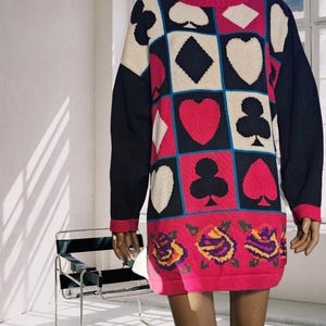 Suéter vintage principios baraja de cartas y estampado flores suéter/vestido largo talla L 100% algodón