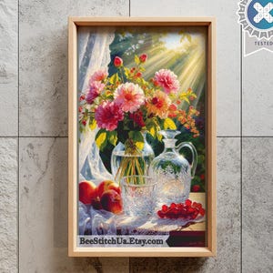 ガラス製品のある花の静物画のクロスステッチパターン、夏の陽光の花束、リアルな刺繍デザイン、詳細なPDFチャート、壁飾り