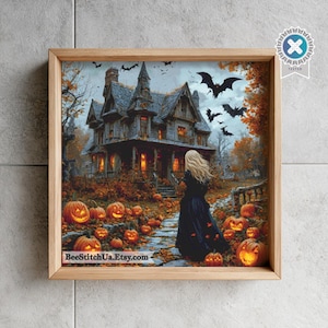 Kreuzstich Halloween Spukhaus, Hexe und Kürbisse Herbst Kürbis Patch Halloween Dekor Kreuzstichmuster