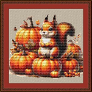 May include: A cute orange and white squirrel sits on top of a stack of orange pumpkins. The squirrel has a bushy tail and is looking at the viewer. The pumpkins are all different sizes and shapes.