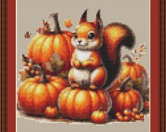 Eichhörnchen Kreuzstich Stickmuster PDF, Herbst Kürbisse Stickmuster, Waldtier Herbst Dekor, Süße Waldtiere Digitaler Download