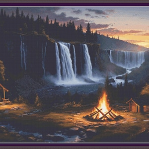 May include: A cozy cabin with a warm glow from the windows sits in front of a cascading waterfall. A campfire burns brightly in the foreground, with a second cabin visible in the distance. The scene is set against a backdrop of lush green trees and a dramatic sunset sky.