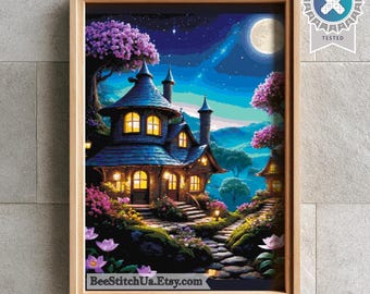 Cross Stitch Moonlit Fairy House Cottage Fantasy Night Scene PDF Pattern