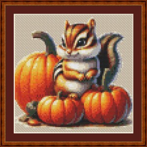 May include: A cute cartoon chipmunk sitting on top of three orange pumpkins. The chipmunk is brown and white with a bushy tail. The pumpkins are all different sizes and have a textured surface.
