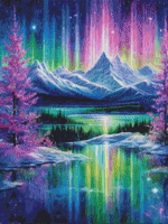Northern Lights Cross Stitch Pattern , Aurora Borealis Mountain