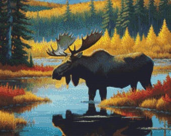Moose Cross Stitch Pattern, Autumn Mountain Landscape Embroidery PDF, Wildlife Counted Chart, Forest Animal Needlepoint Art