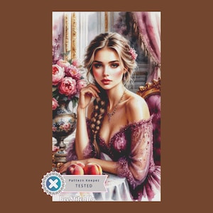 Modèle de portrait de femme romantique au point de croix art floral vintage de dame beauté élégante grille détaillée de point de croix à télécharger PDF