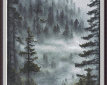 May include: A misty forest scene with tall, dark green trees and a lake in the distance. The fog creates a sense of mystery and depth in the image.