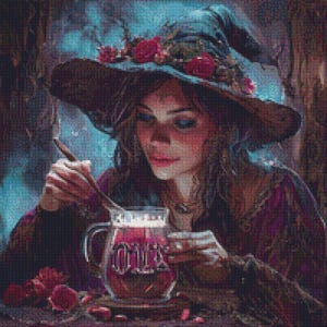May include: A digital art piece depicting a woman wearing a witch's hat adorned with roses, stirring a potion in a glass mug. The mug has the word "OOO" on it. The scene is set in a mystical, dimly lit environment with a focus on the woman's face and the potion.