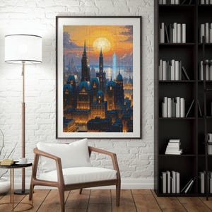 City Sunset Cross Stitch Pattern PDF – Urban Skyline Embroidery Design, Modern Night Cityscape, Glow Lights, Evening Architecture Stitch