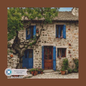Schema punto croce Stone House, Cottage con persiane blu in PDF, Schema contato villaggio rustico, Disegno ricamo mediterraneo, Pattern Keeper