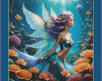 Mermaid with Wings Cross Stitch Pattern, DMC Chart, Multicolor, Printable PDF, Instant Download
