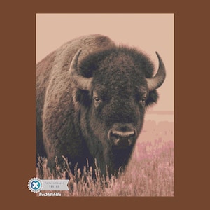 May include: A sepia-toned image of a bison, its dark fur contrasting with the muted pink and brown background. The bison's horns curve gracefully, and it stands in tall grass. The image has a vintage aesthetic.